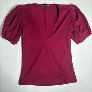 Zara Women's Deep Maroon Puff Sleeve Blouse